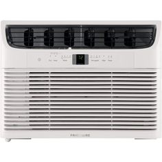 an air conditioner that is white and has four fans on the front, two are black