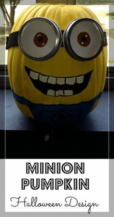 a pumpkin decorated like a minion with googly eyes and the words, halloween design