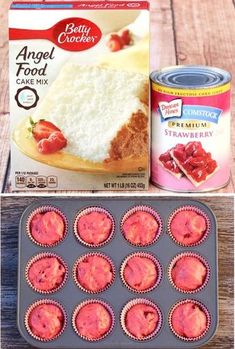 cupcake tins with cake mix in them next to a box of angel food cake mix