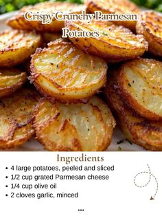 the recipe for crispy crunchy parmesan potatoes is shown on a plate