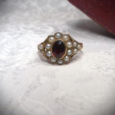 Victorian Pearl Ring Gift, Victorian Pearl Ring Gemstone Gift, Victorian Style Pearl Ring Gift, Victorian Pearl Ring With Gemstone For Gift, Antique Hallmarked Ruby Wedding Ring, Victorian Cabochon Pearl Ring Gift, Victorian Cabochon Pearl Ring As Gift, Victorian Style Cabochon Pearl Ring Gift, Victorian Garnet Ring Gift