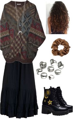 Cozy Witchy Outfit, Pheebee Buffay Outfits, Phoebe Buffay Aesthetic Outfit, Cozy Witch Outfit, Boho Outfits 2023, Hippy Grunge Outfits, Pheobe Buffay Outfit Style, Pheobe Buffay Outfit, Dark Hippie Outfits