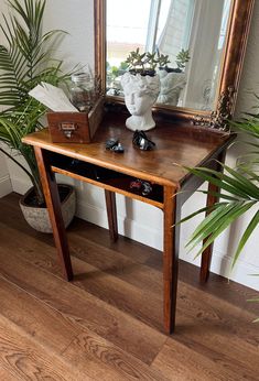 "Antique flat top desk with Iron fittings and a large cubby space-circa 1900.  This fantastic piece of history can be used in a multitude of ways:  - A great mudroom / entryway table as shown, nice and sturdy with no worries about scuffs and scratches. *Make your own charging station by adding a power strip in the cubby for cords!  - Obviously great as a desk, it works well for your printer or microwave with storage for paper or cookbooks below.  - Use as a TV stand with the cable box below or set a lamp and mirror on top as a vanity. *A small hole could easily be drilled into the back for wires.  MEASUREMENTS (Approx): 30.5\" Tall 26\" Wide 18\" Deep (from front to back) CONDITION: Very Good Antique Used Condition. Heavily built, amazingly sturdy. There is finish wear appropriate to its' Entryway Table Small, Vintage Desk Ideas, Mail Table, Antique Entry Table, Antique Entryway, Small Apartment Entryway, Cottage Desk, Vintage Entryway, Small Entryway Table