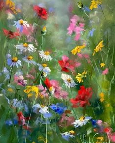 an oil painting of wildflowers and daisies