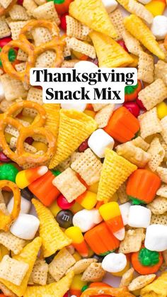 thanksgiving snack mix with candy corn, pretzels and cheetos