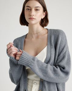 Wrap yourself in effortless sophistication with our Cotton Linen Relaxed Cardigan. Crafted from a luxurious blend of organic cotton and european linen, this cardigan offers unparalleled comfort and style. The breathable fabric ensures maximum comfort, while the relaxed fit and timeless design make it the perfect layering piece.  | Quince | Women's Cotton Linen Relaxed Cardigan Sweater in Dusty Blue, Size XS, Organic Cotton Elegant Everyday Cardigan With Relaxed Fit, Winter Linen Cardigan For Layering, Linen Cardigan For Layering In Fall, Fall Linen Cardigan For Layering, Chic Cotton Cardigan For Daywear, Everyday V-neck Cotton Cardigan, Relaxed Fit Cotton Cardigan For Daywear, Relaxed Fit V-neck Cardigan For Daywear, Oversized Linen Cardigan For Layering