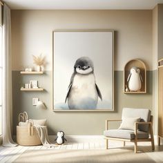 a living room with a penguin painting on the wall next to a chair and shelf