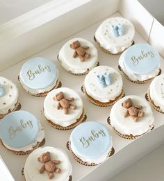 twelve baby cupcakes in a box with teddy bears on them