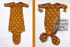 two pictures of the same baby's bodysuit, one in brown and white stars