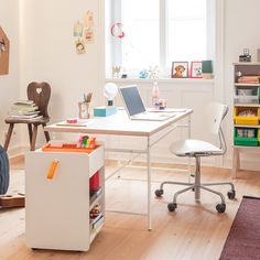 a child's desk and chair in a small room with toys on the floor