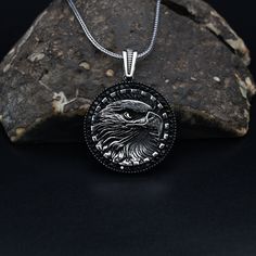 Eagle Charm With Chain, Eagle Men Necklace, Eagle Necklace, Handmade Silver Eagle Necklace,American Eagle Men Necklace,Animal Lover Necklace ✦ Details ✦ * Material: 925 Sterling Silver * Weight of pendant : 10,00   gram *  Chain Weight :     20 Inches = 5.00 Gr     22 Inches = 5.60 Gr     24 Inches = 6.05 Gr     26 Inches = 6.10 Gr     28 Inches = 6,40 Gr * Sides oxidized * Stamp: 925 ✦ Shipping ✦ * Processing time: 1-3 business days. * This item ships from my Turkish workshop in Istanbul. * Add Handmade Stainless Steel Pendant Chain Necklace, Metal Pendant Necklaces For Father's Day, Stainless Steel Rope Chain Necklace Gift, Black Stainless Steel Medallion Necklaces, Black Medallion Stainless Steel Necklaces, Gift Stainless Steel Rope Chain Necklace, Black Stainless Steel Medallion Necklace, Vintage Silver Dog Tag Necklace, Silver Coin Chain Necklace Gift