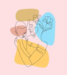 two people are talking to each other on a pink and blue background with an orange flower