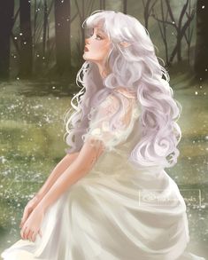 a painting of a woman with long white hair and wearing a dress in the woods