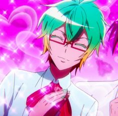 a man with green hair and glasses wearing a red tie in front of pink hearts