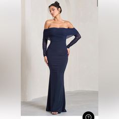 Long Navy Blue Dress. Material Is Mesh On The Sleeves And Top Area. Super Stretchy And Comfortable. Only Worn Once And In Good Condition Long Navy Blue Dress, Knot Maxi Dress, Navy Blue Long Dress, Formal Maternity Dress, Fishtail Maxi Dress, Club L London, Drape Maxi Dress, Bardot Neckline, Fishtail Skirt