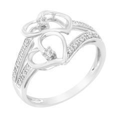 a white gold ring with two hearts and diamonds in the middle, on a white background