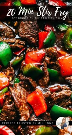 the cover of 20 minute stir fry is shown with peppers and meat in sauce on top