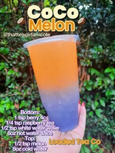 a person holding up a drink in front of some trees and bushes with the words coco melon on it