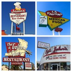 four different types of restaurant signs on the side of a building with blue sky in background