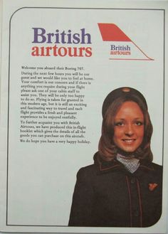 an advertisement for british airways featuring a woman with long hair and wearing a black jacket