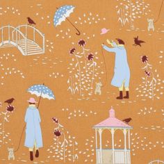 an image of people walking in the rain with umbrellas and birds on orange background