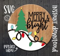 a wooden sign with christmas lights on it and the words merry bright written in black