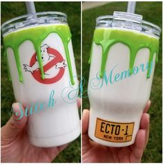 two pictures of a person holding a cup with green liquid on it and the words stitch memory