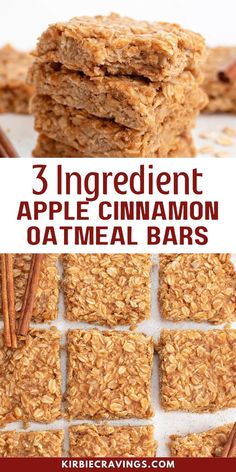 three ingredient apple cinnamon oatmeal bars stacked on top of each other with cinnamon sticks