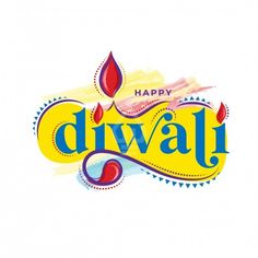 happy diwali greeting card with colorful text and flower design on white background for diwali festival