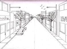 a drawing of a city street with cars parked on the sidewalk and trees in the distance