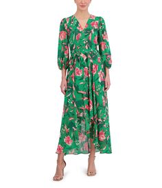 Eliza J Floral Surplice V-Neck 3/4 Sleeve Faux Wrap Midi Dress | Dillard's Sun Dress Casual, Floral Balloons, Eliza Dress, Green Fits, Daytime Dresses, Wrap Midi Dress, Eliza J, Little White Dresses, Midi Dress With Sleeves