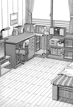 a black and white drawing of a bedroom with bed, desk, computer monitor and other items