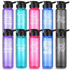 six water bottles with different sayings on them