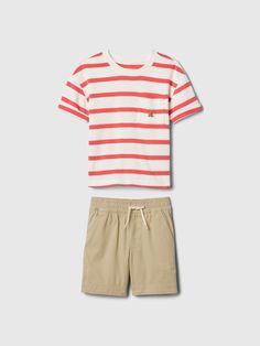 Soft cotton T-shirt and shorts outfit set.  Crewneck.  Short sleeves.  Patch pocket with embroidered Brannan Bear at chest.  Elasticized waist with faux drawcord at shorts.  Front slant pockets, back patch pockets.  Straight, easy fit.  Easy pull-on waist. Casual Striped Short Tops, Gap Relaxed Cotton Shorts, Gap Relaxed Fit Cotton Shorts, Sporty Cotton Shorts By Gap, Gap Sporty Cotton Shorts, Gap Cotton Shorts For Summer, White Cotton Shorts With Contrast Stripes, Gap Summer Tops With Pockets, Casual Short Cotton T-shirt