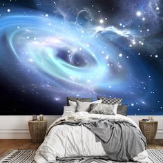 an image of a bedroom with a large wall mural