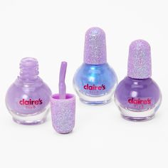 Add just a touch of glitter to your nails with these pretty polishes in pale & bright shades of purple. Water-based polish simply peels off for quick and easy removal. Nail Polish by Claire's Club Peel-off Water-based Pack Size: 3 Material: Liquid Suitable for ages 3+ - Claire's Club Mini Glitter Peel-Off Nail Polish Set - Purple, 3 Pack Claires Nail Polish, Claire's Nails, Rave Nails, Cute Nail Polish, Purple Water, Hello Kitty Crafts, Kawaii Diy, Glamour Nails