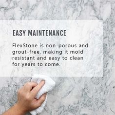 a person wiping their hands with a towel on a marble counter top that says easy maintenance