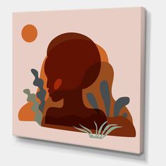 an abstract painting of a woman's head with plants in the foreground