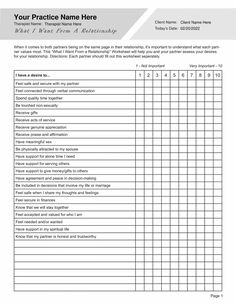 When it comes to both partners being on the same page in their relationship, it’s important to understand what each partner values most. This “What I Want From a Relationship” Worksheet will help you and your partner assess your desires for your relationship. Our Relationship Needs and Wants Worksheet PDF (Editable, Fillable, Printable) is perfect for counselors, psychologists, psychiatrists, social workers, therapists, and other mental health professionals.

This Relationship Needs and Wants Worksheet PDF can be downloaded and used with all your clients, giving them the ability to fill it out on a digital device or print it out.
This template is part of the Couples Therapy Worksheets Bundle Relationship Worksheets Activities, Couples Therapy Activities Worksheets, Marriage Help Worksheets, Couples Check In, Gottman Worksheets Free Printable, Relationship Therapy Worksheets, Couples Therapy Worksheets Communication, Healthy Relationships Worksheet, Couple Worksheets