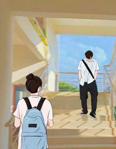 two people are walking up some stairs and one is carrying a backpack while the other looks on