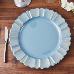 6 Pack | 13inch Round Dusty Blue Acrylic Plastic Charger Plates With Gold Brushed Wavy Scalloped Rim Acrylic Charger Plates, Wedding Dinnerware, Glass Charger Plates, Touch Table, Holiday Dining, Pumpkin Theme, Acrylic Plastic, Plastic Plates, Holiday Dinner