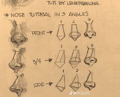 the instructions for how to draw an origami style nose and other shapes in pencil