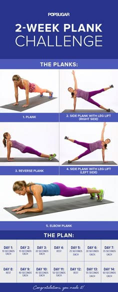 the two week plank challenge is shown in blue and white, with instructions to do it