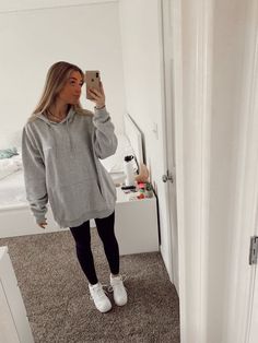 Grey Sweatshirt And Leggings Outfit, Comfy Car Ride Outfit, Legging And Hoodie Outfit, Grey Sweater Fall Outfit, Leggings And Sweatshirt Outfit, Quarter Zip Outfit, Gray Hoodie Outfit, Outfits With Grey Cardigan, Hoodie And Leggings Outfit