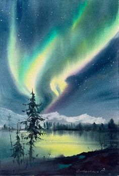 a painting of an aurora bore over a lake