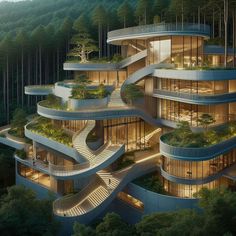 an architecturally designed building in the woods with stairs leading up to it's upper floors