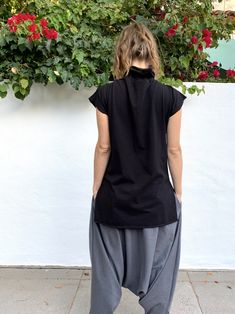 Black High Neck Top For Streetwear, Black Funnel Neck Top For Streetwear, Black High Neck Cotton Top, Black Relaxed Fit Top For Festival, Black Cotton Festival Tops, Black Cotton Tops For Festival, Resort Loungewear, Nomadic Culture, Samurai Pants