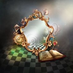 an open book sitting on top of a checkered floor next to a golden mirror