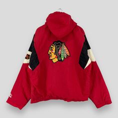 "REMINDER: THIS IS USED CLOTHING PLEASE DO NOT EXPECTED IT LIKE TO BE NEW OR IN PRISTINE CONDITION Feel free to contact me for any question. I'll assist you with my pleasure. Vintage 90s CHICAGO BLACKHAWKS Bomber Jacket Large Starter Nhl American Hockey Team Sportswear Blackhawks Back Hit Heavy Hoodie Coat Size L *All measurements are taken with the garment flat on the ground. SIZE ON TAG :- Size L  ACTUAL SIZE MEASUREMENT :- ARM PIT TO ARM PIT :- 25.5\" inches BACK COLLAR TO HEM :- 27.5\" inches CONDITION :- GREAT USED CONDITION. HAS MINOR TEAR (KINDLY REFER TO THE PICTURES ATTACHED) ** WE ARE USING DHL EXPRESS, IT TAKES 3-5 WORKING DAYS ONLY TO ARRIVE. PLEASE LEAVE YOUR PHONE NUMBER ON THE NOTE WHILE MAKE A PURCHASE** REF : (05-06-2021) 1160" Heavy Hoodie, Vintage Sportswear, Hockey Team, Hoodie Coat, Hockey Teams, Chicago Blackhawks, Casual Style Outfits, Used Clothing, Nhl