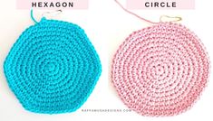 two crocheted round rugs are shown side by side with the same color